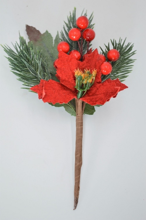 22014 - Red Berries & Leaves Christmas Pick. Measures - 15cm Height x 8cm Width.