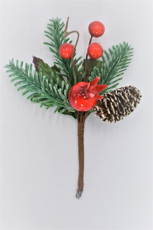 22032 - Triple Leafed Holly & Pine Cone Christmas Pick. Measures - 13cm Height x 10cm Width.