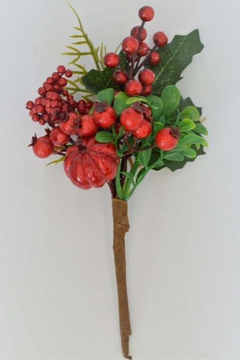 22053 - Green leaves and Red berries - floral pick.  Measures  Height 230mm  ,   Width  140mm 