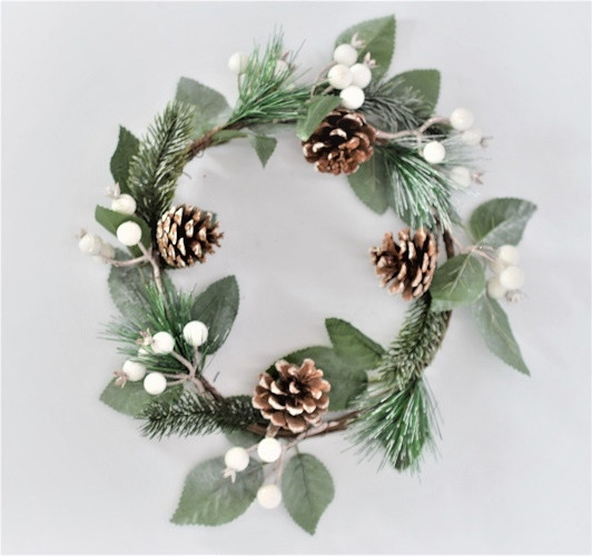 22058 - Wintery Christmas Wreath with pine needles and cones and white baubles with hints of sparkle.  Measures  280mm diameter