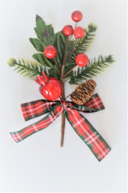 22060 - Berry and Cone festive floral pick with tartan bow.  Measures  Height 130mm  ,   Width  95mm 