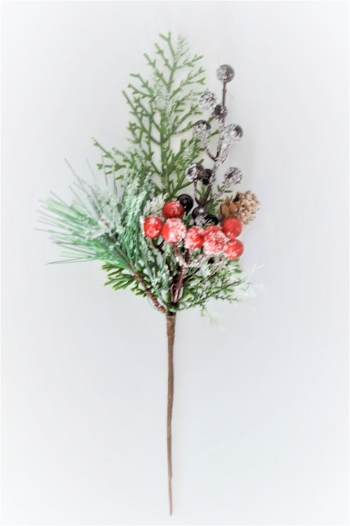 22066 - Winter frosted Pine needles embellished with a pine cone and berries - the perfect festive floral pick.  Measures  Height 300mm ,   Width  140mm 