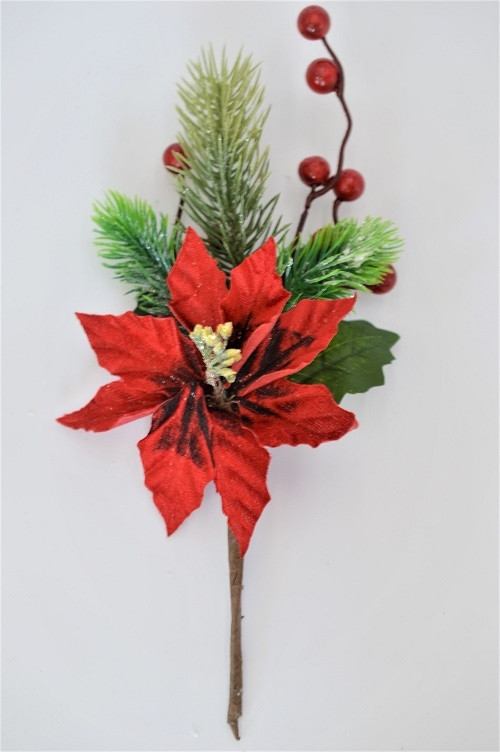 22082 - Green leaves , pine needles and fiery red flowers and berries- floral pick.  Measures  Height 270mm  ,   Width  110mm 