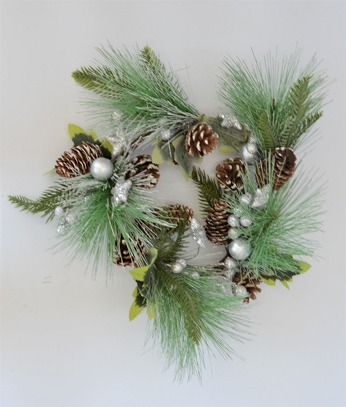 22084 - Small Wintery hanging wreath with frosted pine cones and sparkly baubles.     Approx Size:  30cm Dia