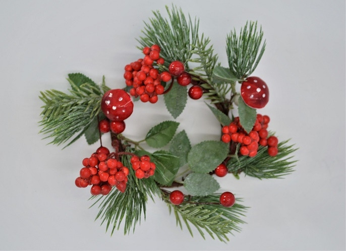 22088 - A beautiful candle decoration.  Bright Red berries and toadstools entwined with pine needles making a lovely Christmas display.  Measures approx 160mm  Outer diameter