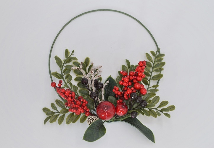 22089 -  Beautiful wintery wreath with lush red berries and green leaves embellished with snowy pine cone and branch.  Size   Approx 24cm dia