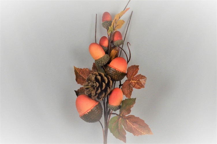 22090 - Autumn Halloween display of Golden leaves and bright acorn nuts and pine cones  - floral pick display.  Measures  Height 310mm ,   Width  140mm 