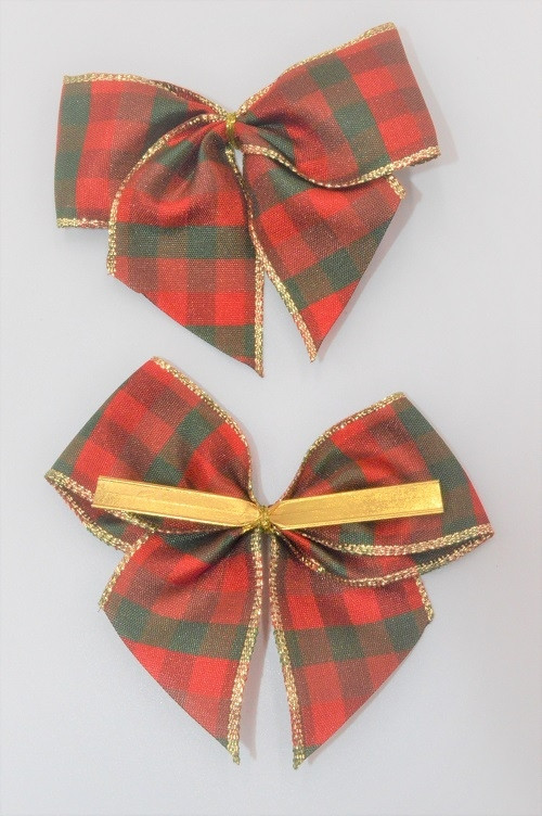 31176 - 40mm Hand tied Red and Green check Gold wired edge ribbon bow with a gold twist tie  (2 pieces in a pack)