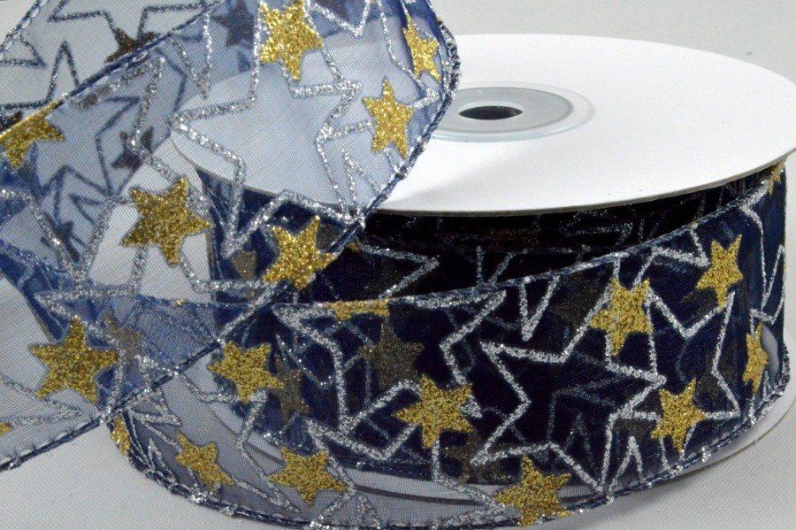 Y671 - 38mm Wired Sheer Glitter Star Ribbon x 10 Metre Rolls!-75 Blue