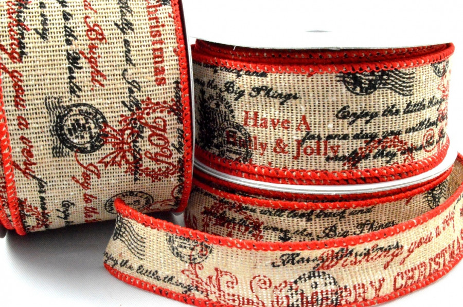 46038 - 25mm, 38mm & 63mm Wired Merry Christmas Scroll Burlap Ribbon x 10 Metre Rolls!