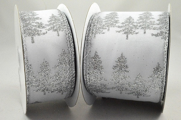 46062 - 63mm White Bright and Silver Sparkly Lurex wired edge ribbon with a Christmas tree wintery design x 10mts