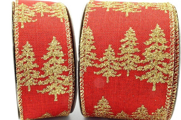 46062 - 38mm Red Bright and Gold Sparkly Lurex wired edge ribbon with a Christmas tree wintery design x 10mts