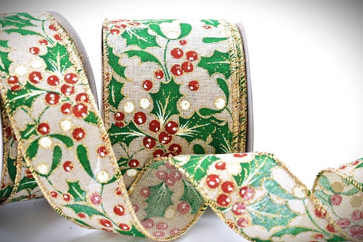 46085 - 38mm , 63mm Wide woven gold wired edge Natural with a glittery Christmas design ribbon x 10mts