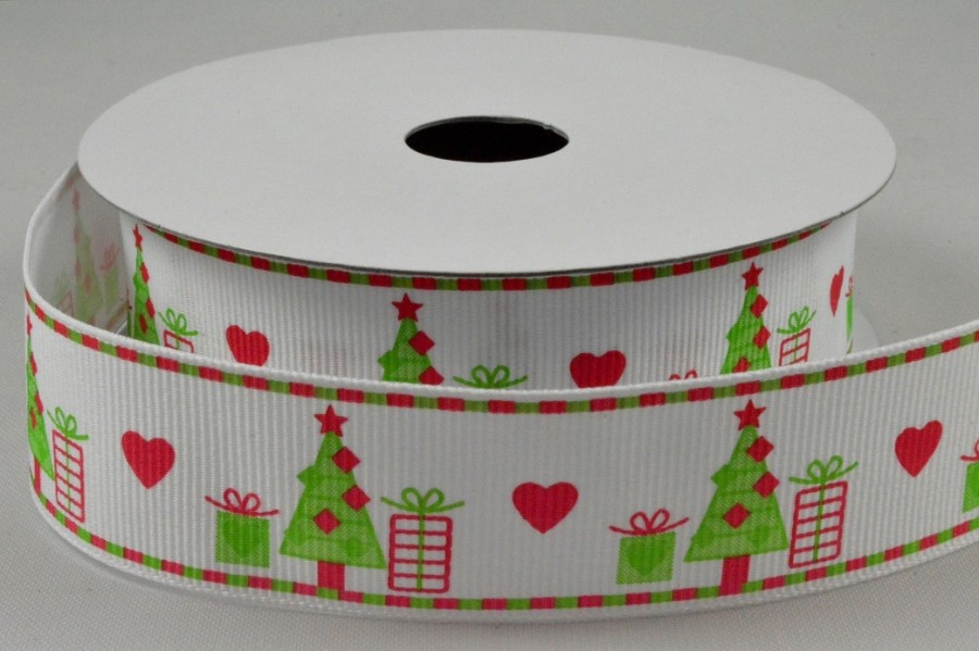 Y664 - 25mm White & Green Christmas Grosgrain Ribbon x 10 Metre Rolls!-Green
