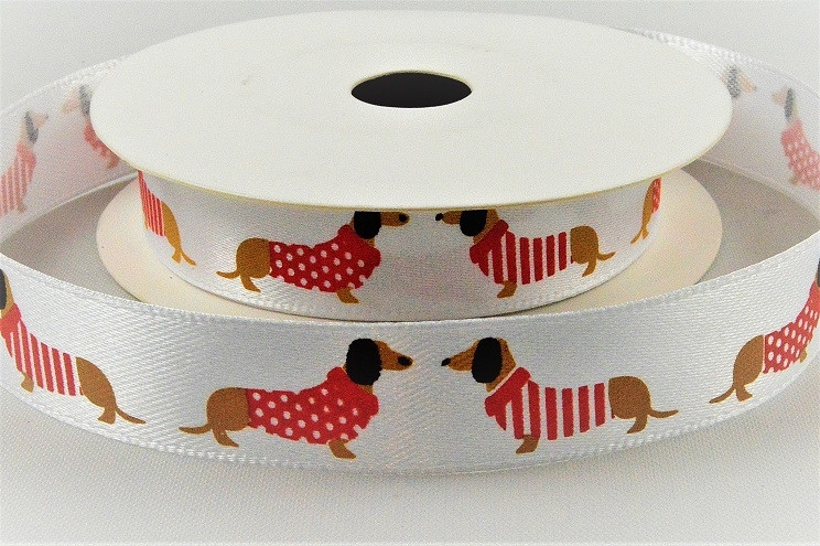 55130 - 15mm White satin ribbon with a colourful printed fancy DOG design x 10mts.  