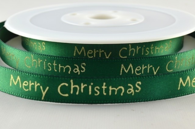 54113 - 10mm Green Merry Christmas Satin Print (20 Metres)