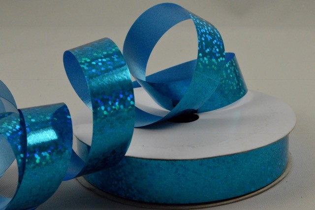 Y740 - 15mm Aqua Metallic Holographic Spotted Coloured Polypropylene Ribbon!
