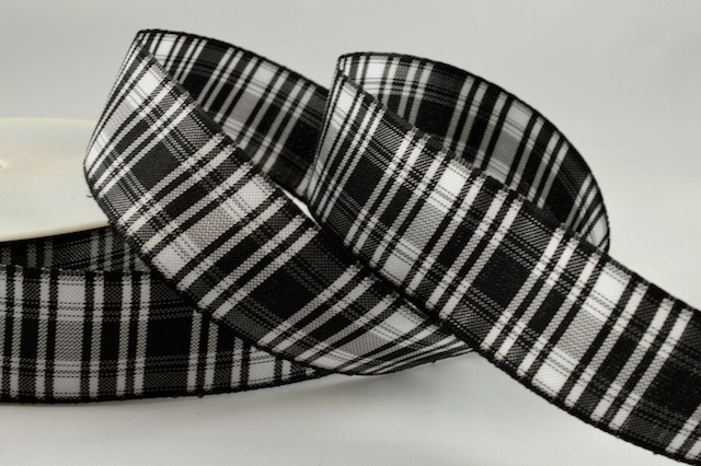 Y735 - 25mm Tartan Ribbon-25mm-423 Black & White-100 Metres