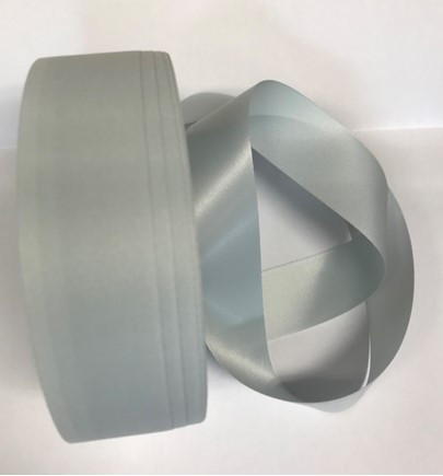 Y554 -  25mm Grey Cut single sided Polyester satin x 50 Metres
