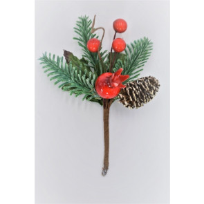 22032 - Triple Leafed Holly & Pine Cone Christmas Pick. Measures - 13cm Height x 10cm Width.