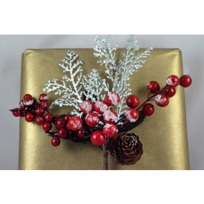 22038 - Snow Berries & Cone Christmas Pick. Measures - 26cm Height x 20cm Width.