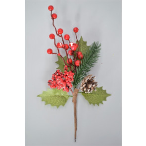 22040 - Bright green leaves with a frosted berry and cone display deco pick. Height 280mm  x  Width  140mm