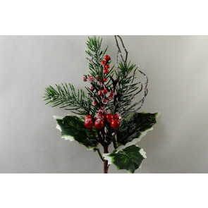 22068 - Winter frosted holly , pine needles and berries -  festive floral pick.  Measures  Height 275mm ,   Width  140mm 