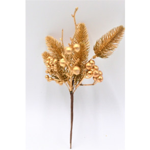 22096 - A golden delight.  Pine needles and berries make a lovely arrangement. Deco pick.  Size :  Height 240mm  x  Width  140mm
