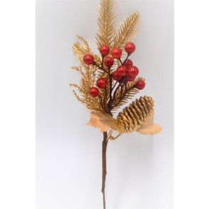 22097 - Golden pine needles and cone with a golden leaf, embellished with bright red berries deco pick.  Size :  Height 270mm  x  Width  140mm