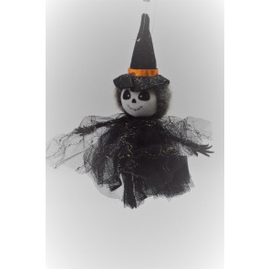 22103A - Small Halloween Witch hanging decoration with a  pointed hat and a Black sheer gold detailed shawl. Height 19cms , Width  15cms  (Approx) 