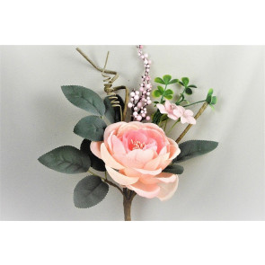 33008 - Soft Rose floral arrangement embraced with lush leaves and embellishments.  Height  28cms ,  Width 21cms  (approx) 