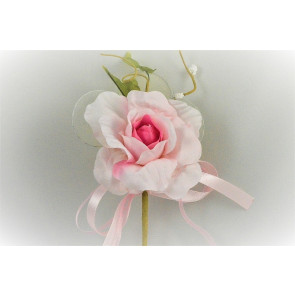 33014 - Delicate Pink rose floral arrangement with satin and organza bow and other embellishments.  Height  18cms ,  Width 17cms  (approx) 