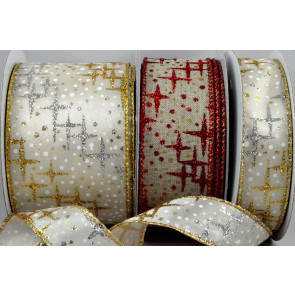 46040 - 25mm, 38mm & 63mm Wired Glitter Star Printed Ribbon x 10 Metre Rolls!