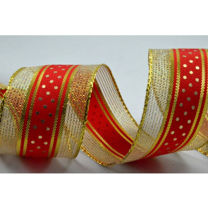 Y667 - 38mm Wired Lurex Ribbon with Central Polka Dot Design x 10 Metre Rolls!-Red