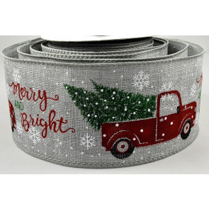 46060 - 63mm Ice Grey wired jute ribbon with a colourful Christmas tree and car delivering your festive message x 10 Metre Rolls!