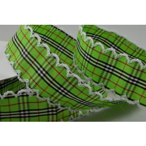 Y555 - 25mm Green Gingham Ribbon with Fringed Edge x 10 Metre Rolls!